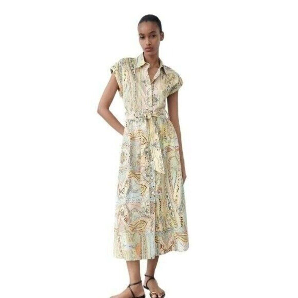 Zara Womens Shirt Midi Dress Size S Yellow Mulitcolor Paisley 7761/018 NWT
